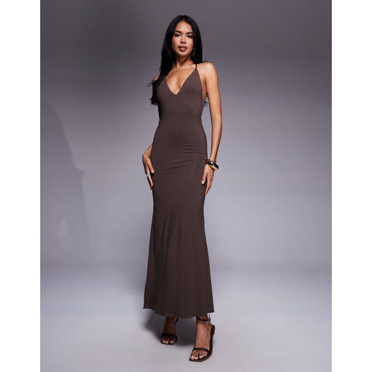 oh polly brown ruffle dress Ciao Ruffles Maxi Satin Dress - Brown Polka Dot main image 1
