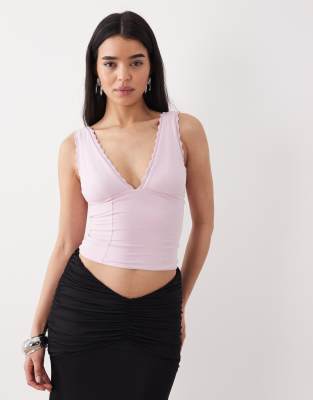 Oh Polly plunge neck jersey corset top in soft pink