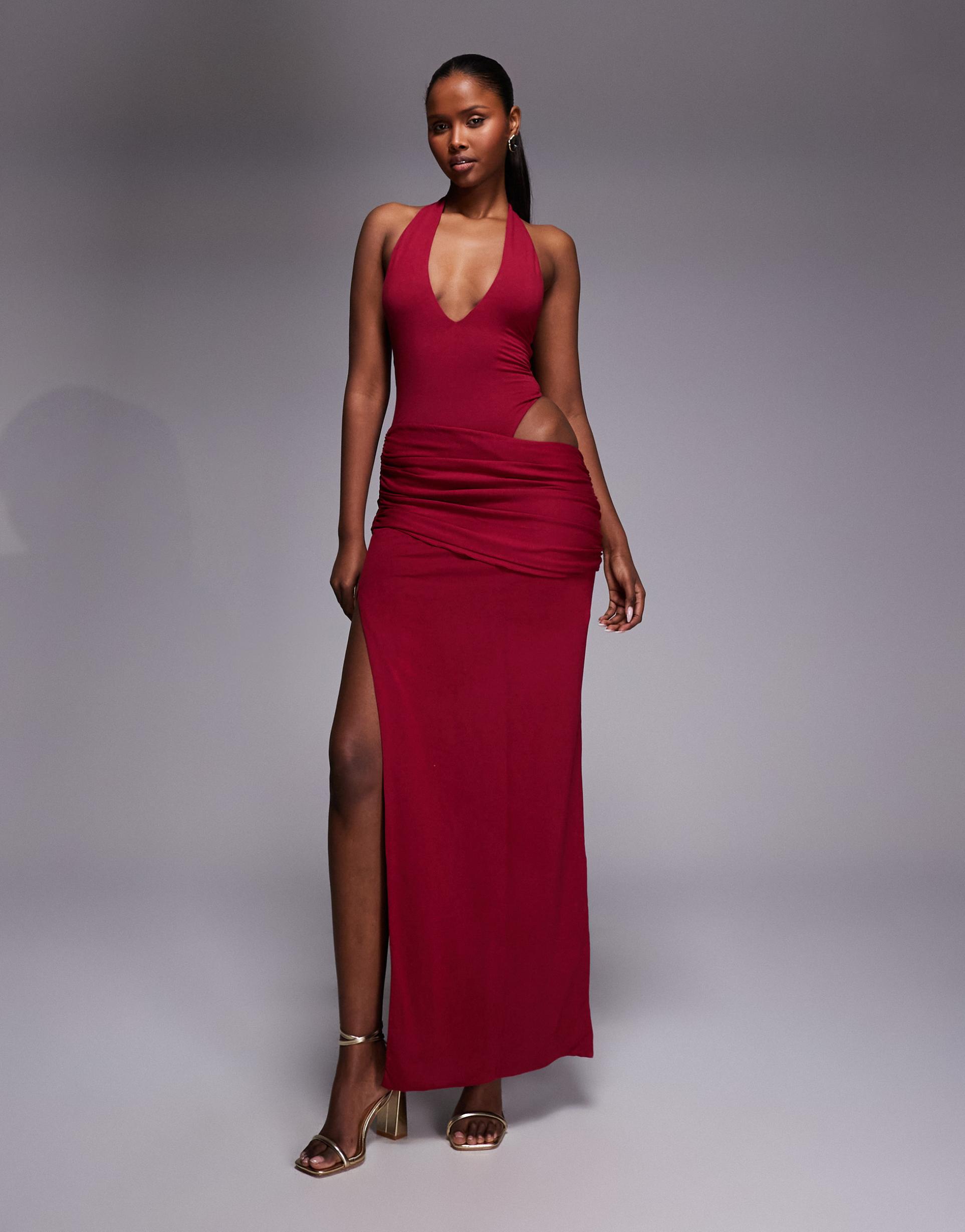 oh polly plunge neck maxi dress in cherry red