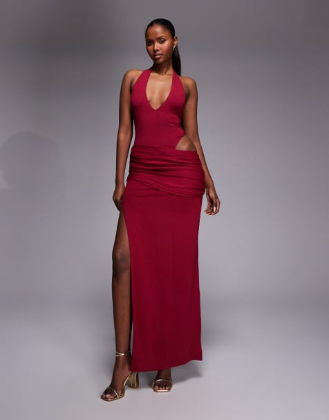 Oh Polly plunge neck maxi dress in cherry red