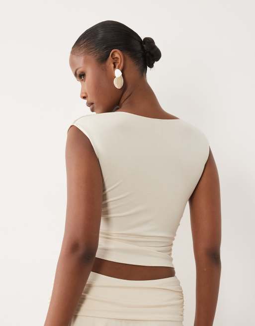 Oh Polly plunge ruched detail top co-ord in ivory, 4 of 4