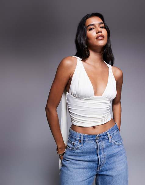 Oh Polly plunge scarf neck top in vanilla - view 1