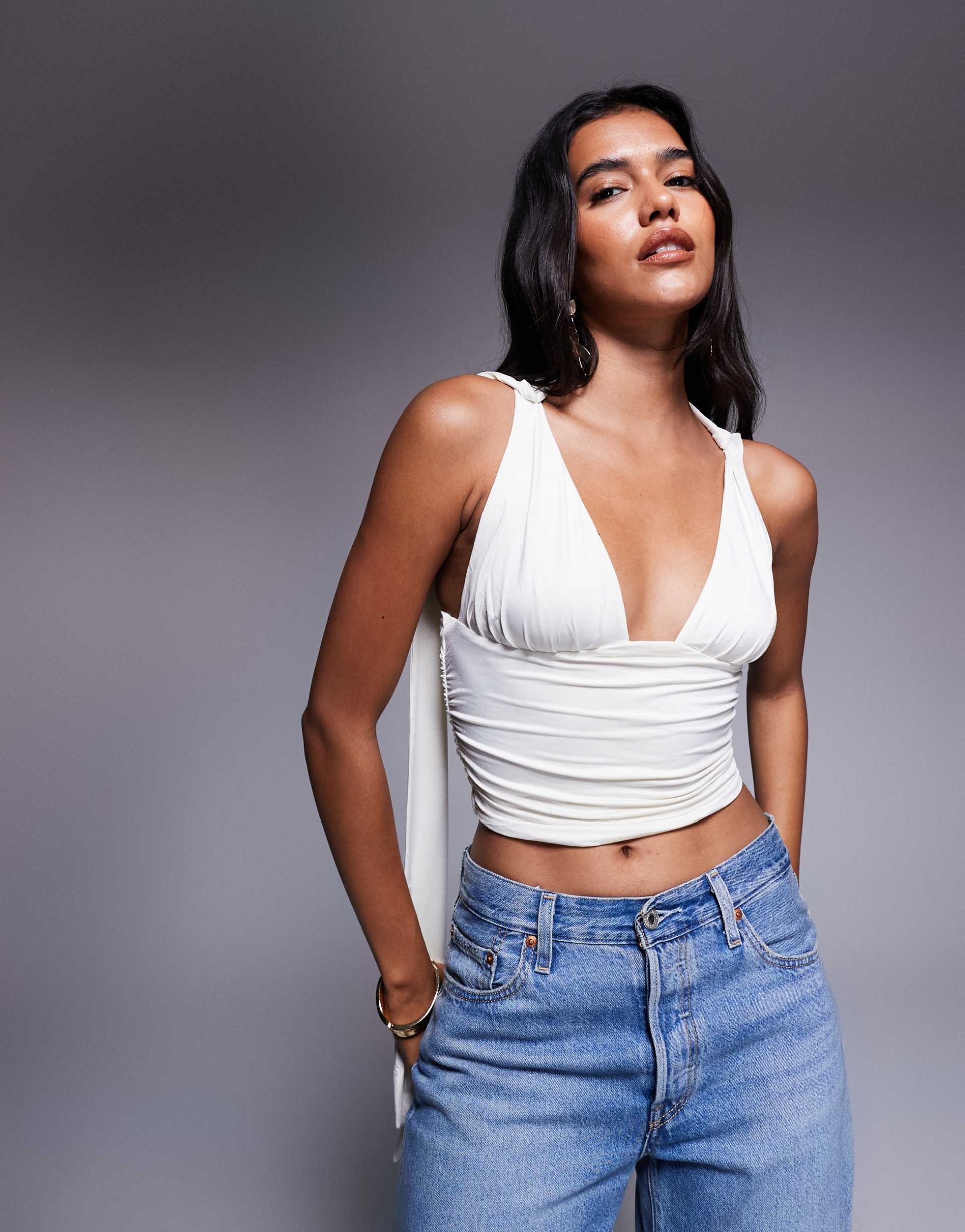 oh polly plunge scarf neck top in vanilla