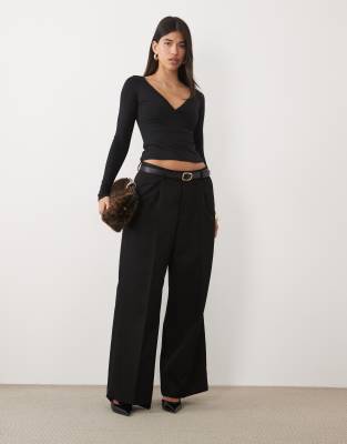 Oh Polly Modal V-neck Long Sleeve Ruched Waist Top Co-ord In Black