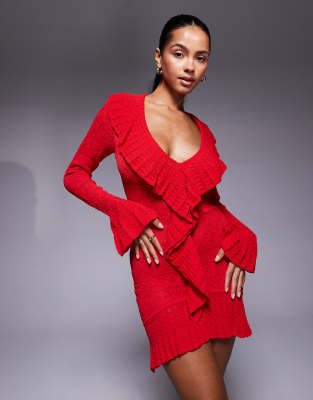 Oh Polly pointelle ruffle knit mini dress in scarlet red