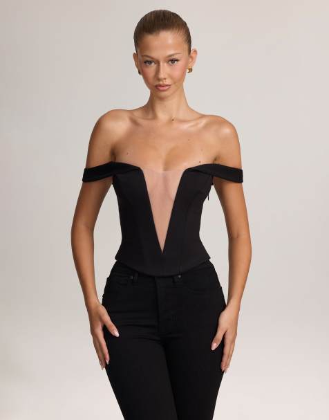 Oh Polly ponte bardot mesh plunge v-neck corset top in black - view 1