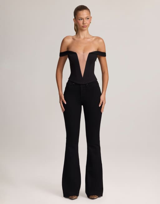 Oh Polly ponte bardot mesh plunge v-neck corset top in black, 2 of 4