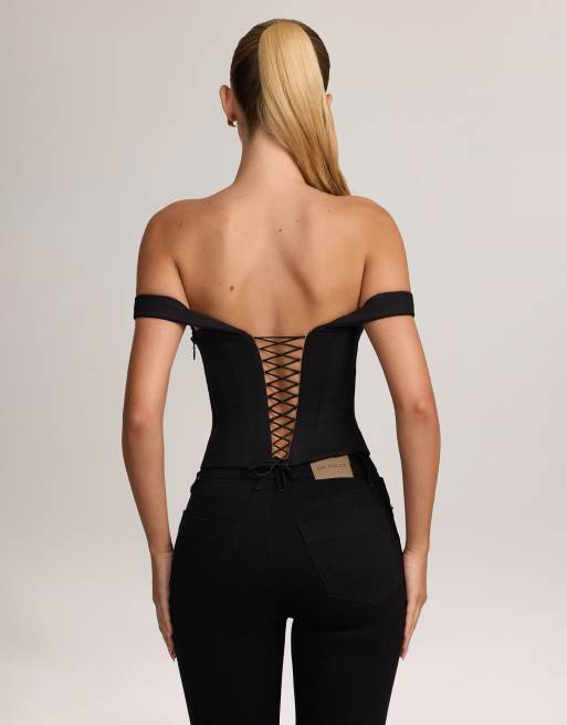Oh Polly ponte bardot mesh plunge v-neck corset top in black, 3 of 4