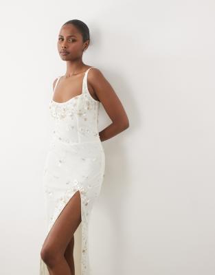 Oh Polly Premium 3d Flower Sequin Embellished Lace Up Back Maxi Dress In White