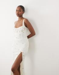 Oh Polly premium 3d flower sequin embellished lace up back maxi dress in ivory