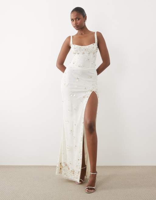 oh polly white sequin dress Ferrara Long Sleeve Embellished Cowl Neck Mini Dress in White