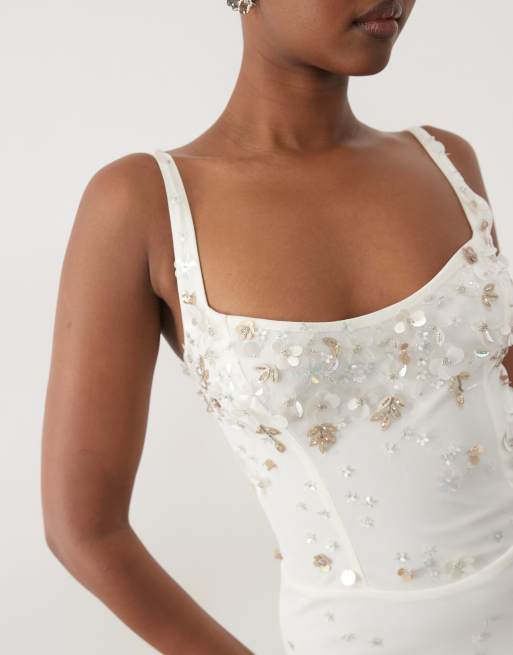 Oh Polly premium 3d flower sequin embellished lace up back maxi dress in ivory, 3 of 4