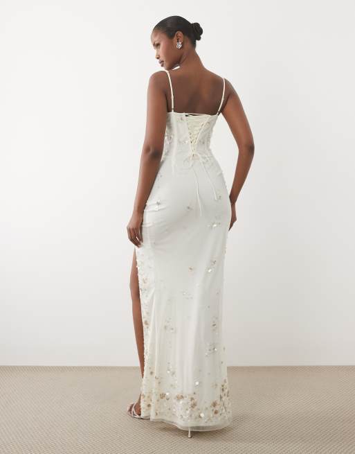 Oh Polly premium 3d flower sequin embellished lace up back maxi dress in ivory, 4 of 4