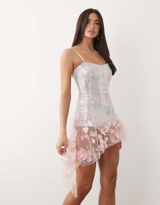 Oh Polly Premium Embellished Asymmetric Tulle Skirt Corset Mini Dress In Pink