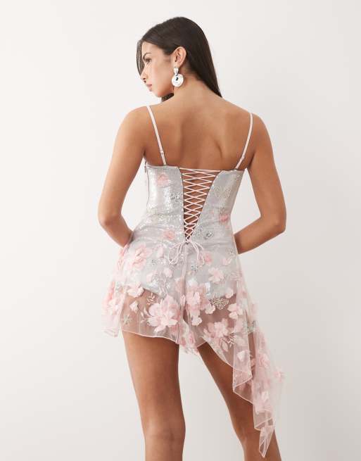 Oh Polly premium embellished asymmetric tulle skirted corset mini dress in silver, 3 of 4