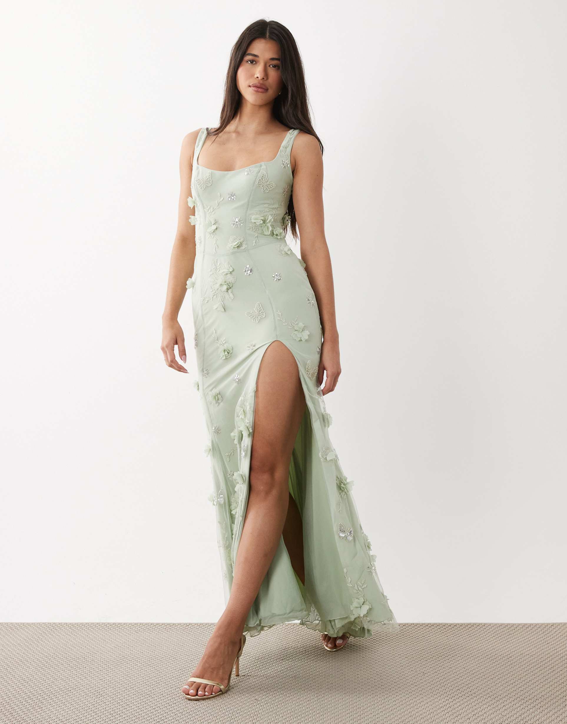 oh polly premium embellished corset dress in sage green