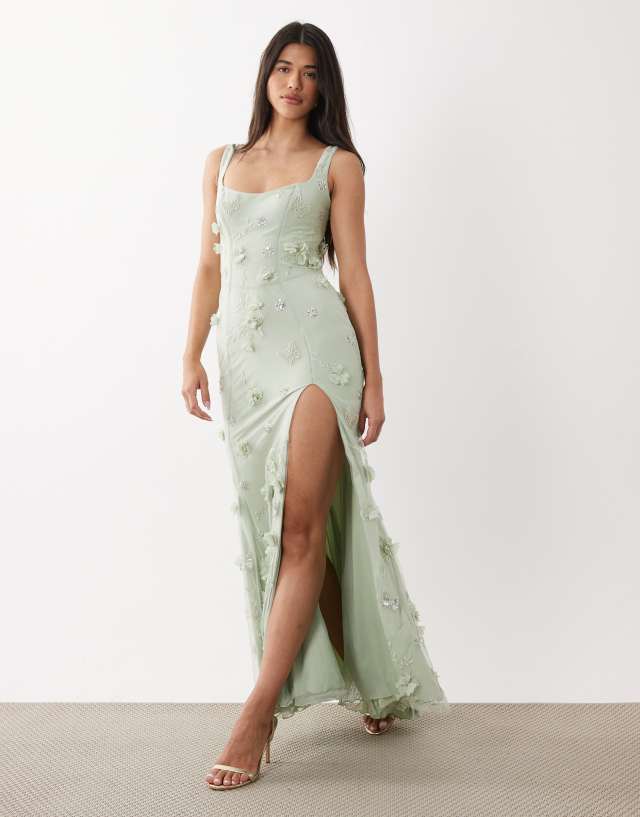 Oh Polly premium embellished corset dress in sage green