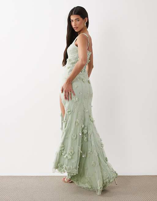 sage green corset dress Estella Premium Embellished Tulle Gown in piece satin gown with a lace Sage Green Corset Dress Available