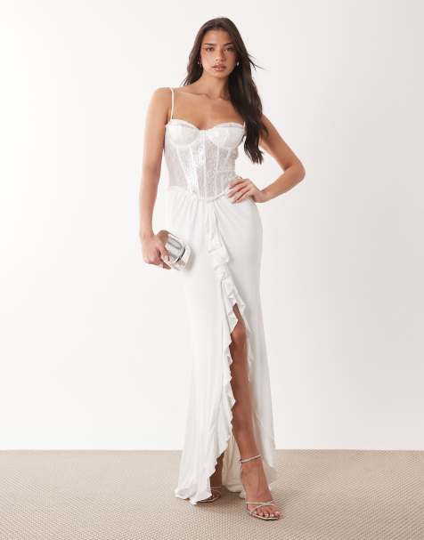 Oh Polly premium embellished lace corset bodice maxi dress in white - view 1