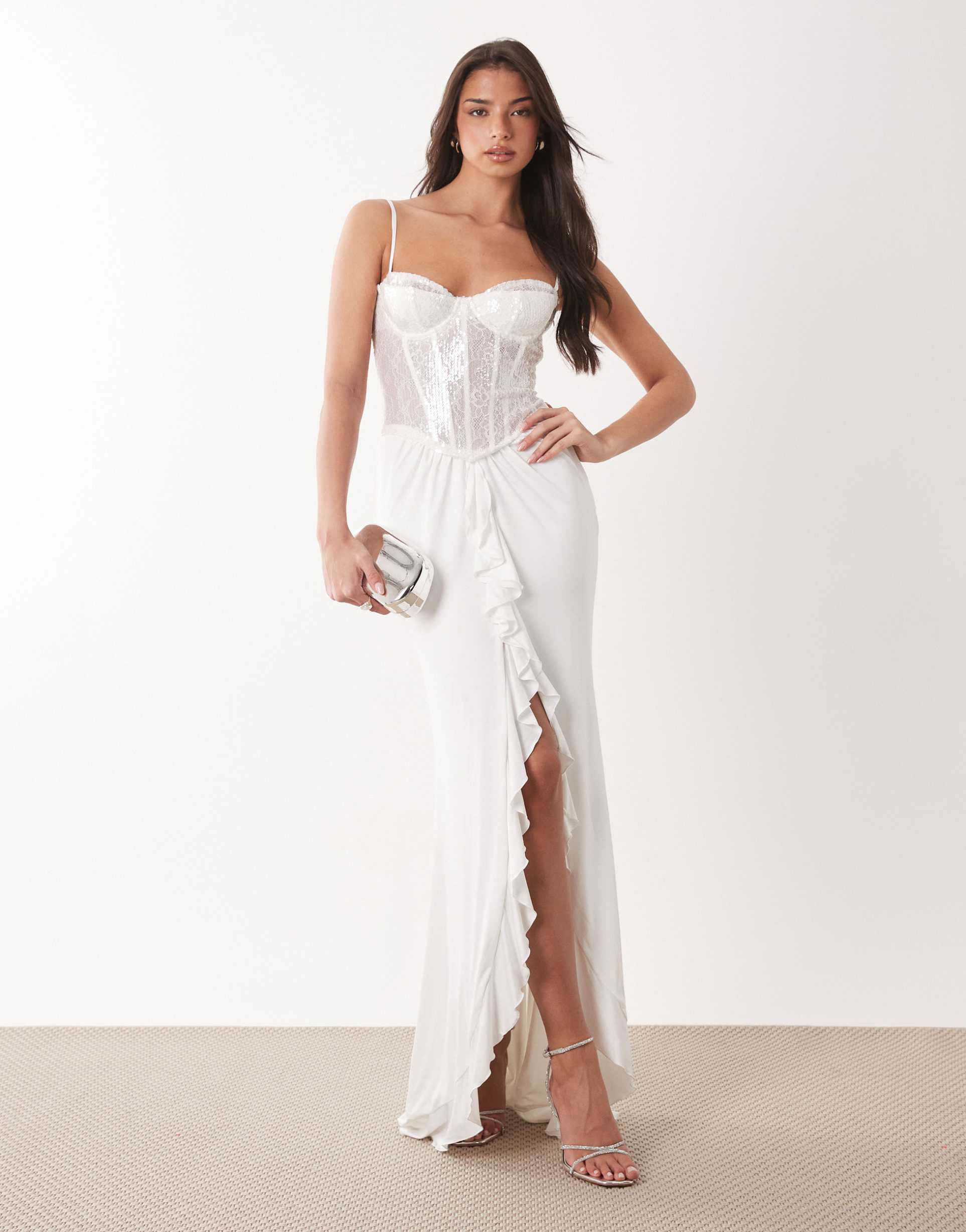 oh polly premium embellished lace corset bodice maxi dress in white