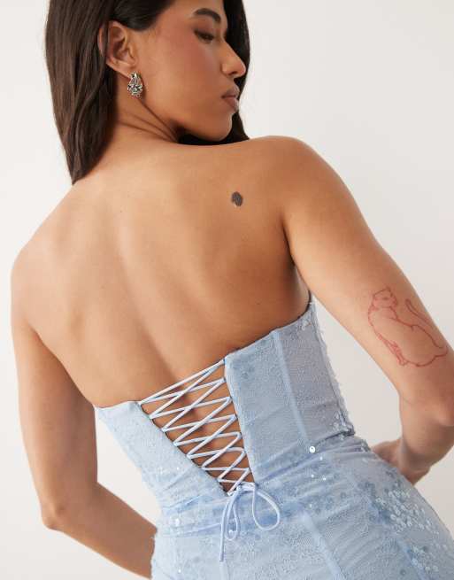 Oh Polly Premium Embellished Lace Corset Gown in Sky Blue, 4 of 4