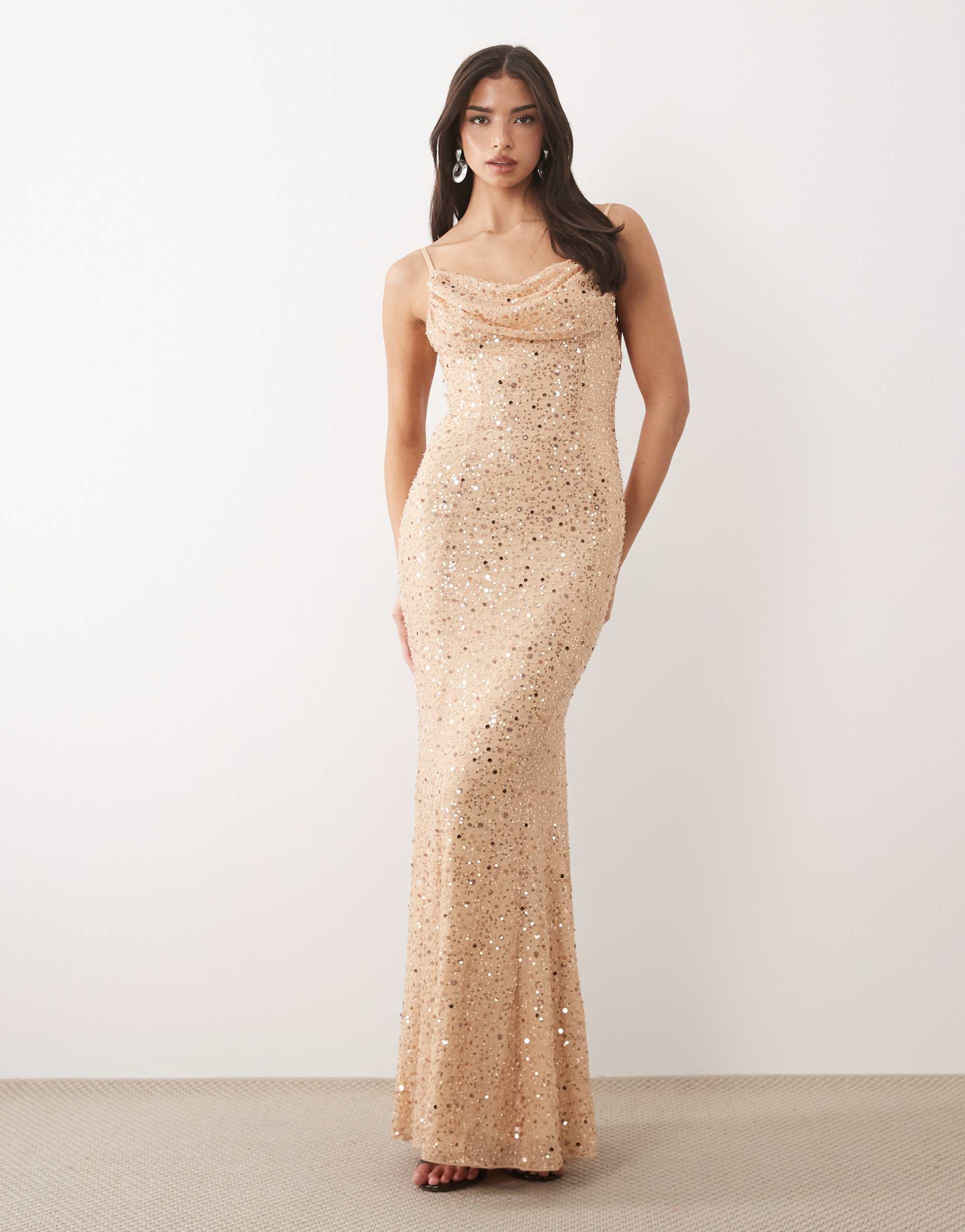 oh polly premium embellished open-back floral detailing maxi dress in almond