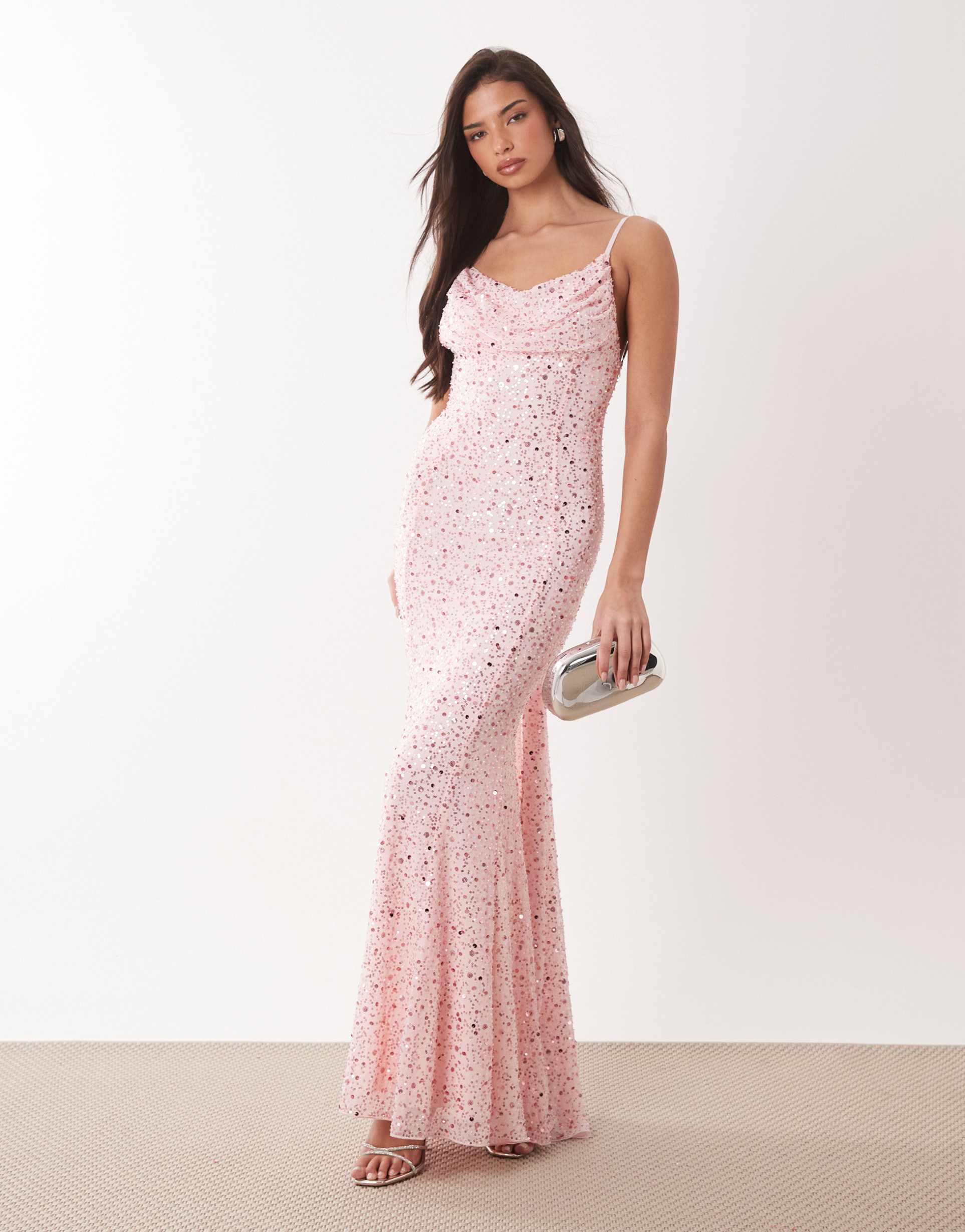 oh polly premium embellished open-back floral detailing maxi dress in baby pink