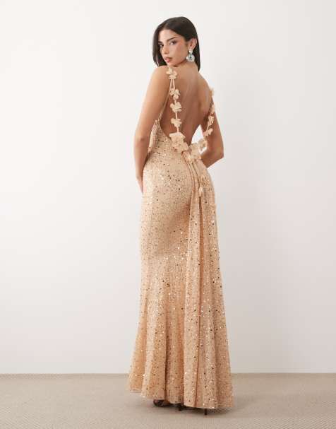 Oh Polly premium embellished open-back floral detail maxi dress in almond