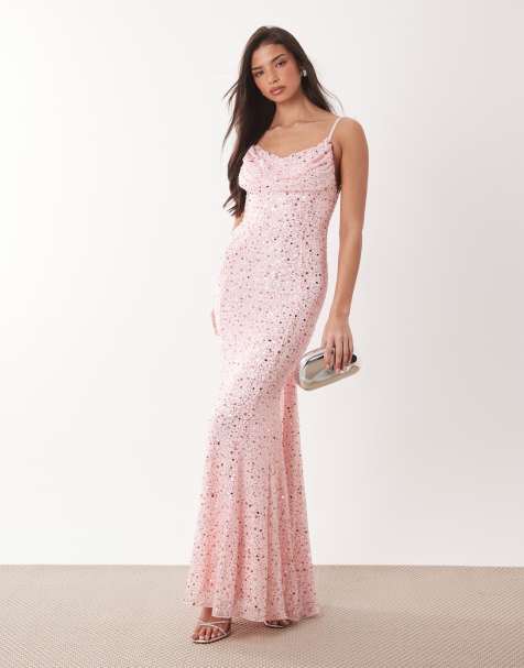 Oh Polly premium embellished open-back floral detail maxi dress in baby pink