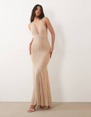 Oh Polly Premium Embellished Plunge Hatlerneck Open Back Maxi Dress In Brown
