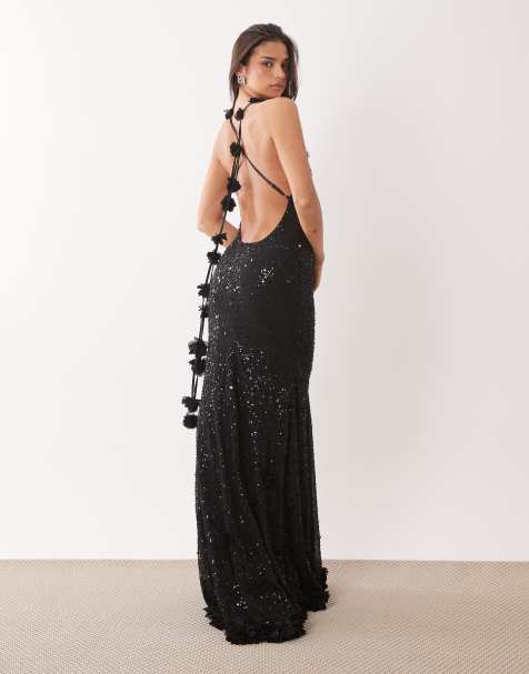 Oh Polly premium embellished plunge tie back floral detail maxi dress in black