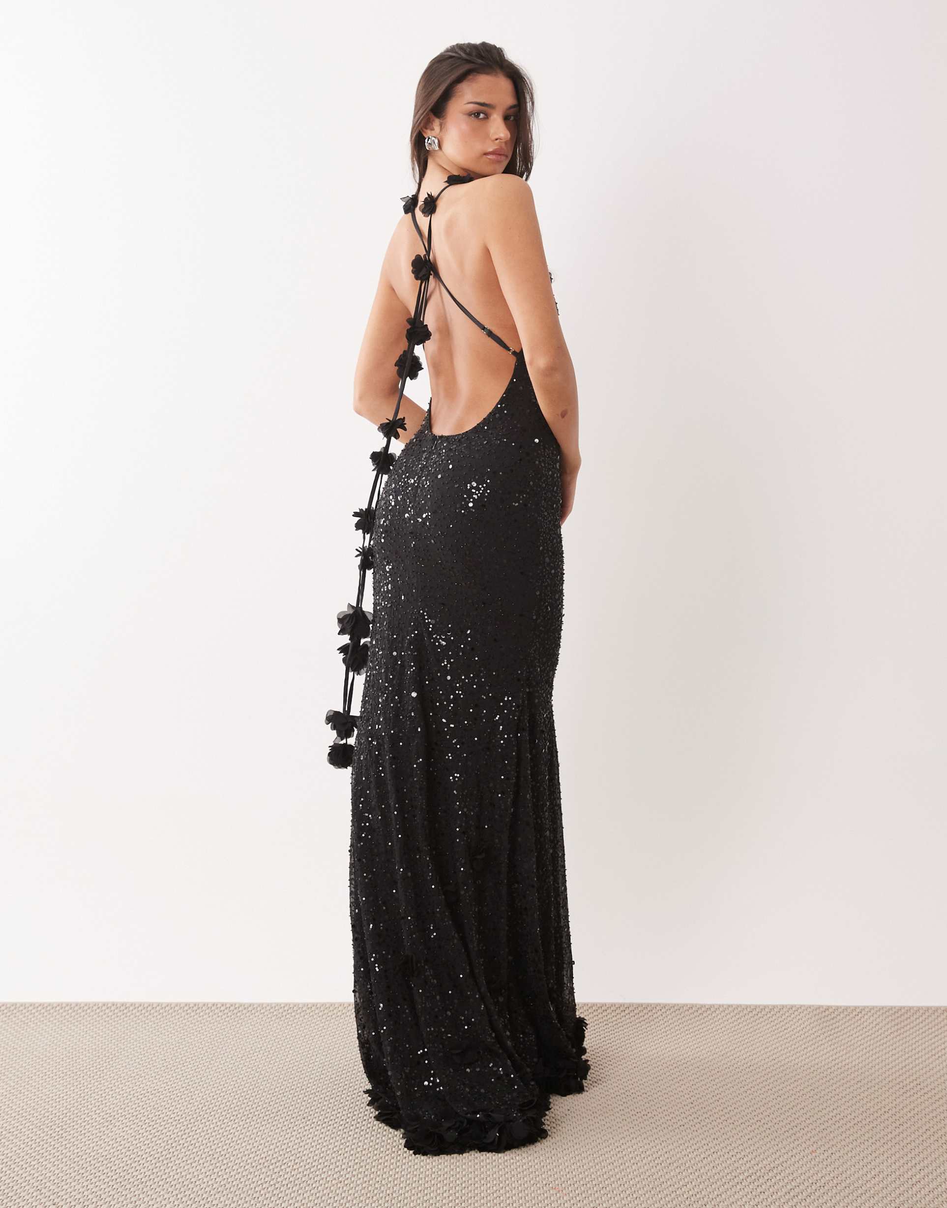 oh polly premium embellished plunge tie back floral detailing maxi dress in black