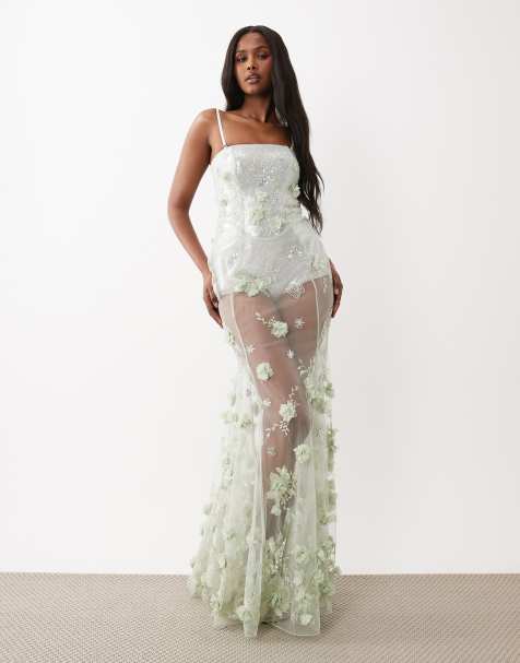 Oh Polly premium embellished tulle skirt bandeau corset maxi dress in sage green - view 1