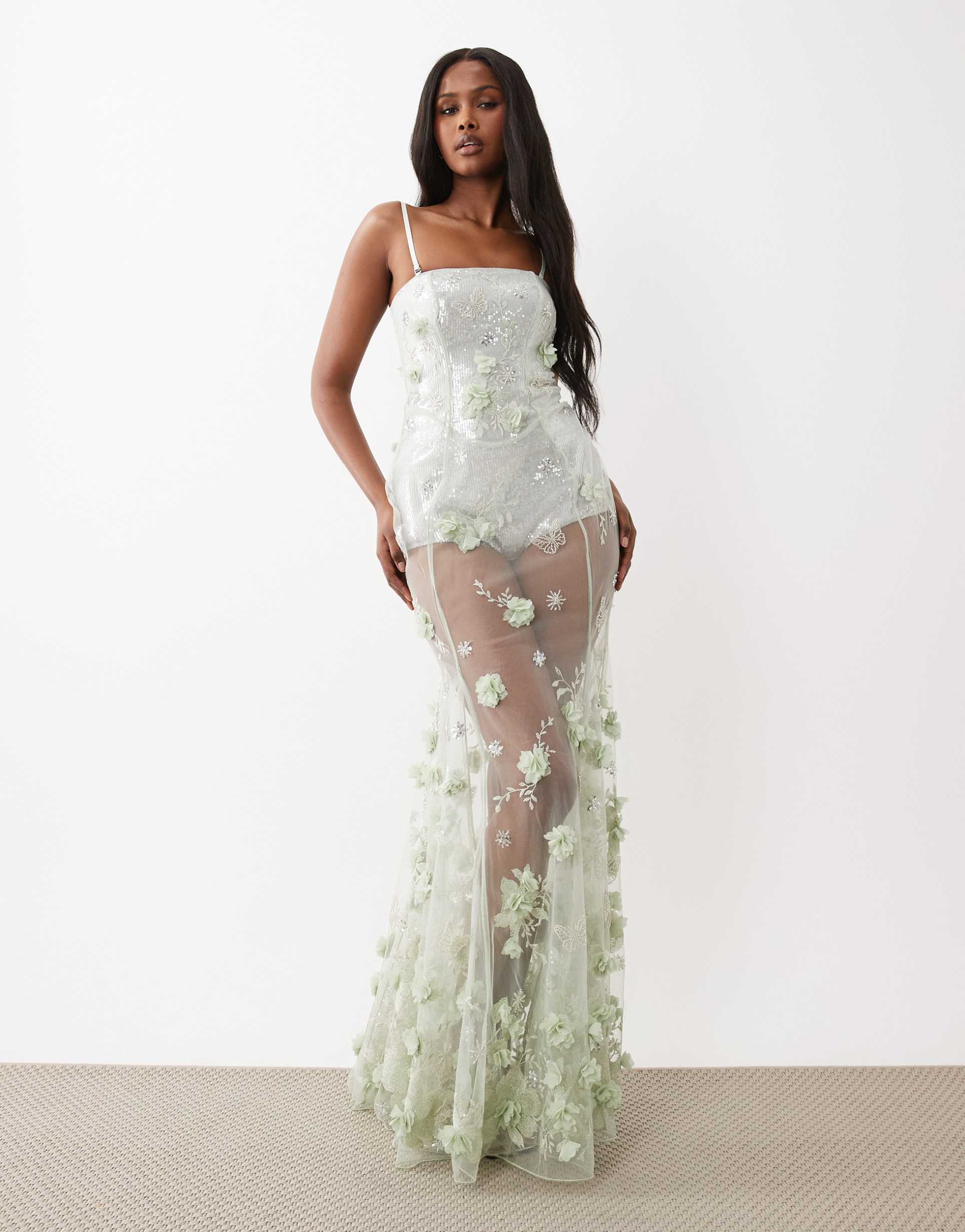 oh polly premium embellished tulle skirted strapless corset maxi dress in sage green