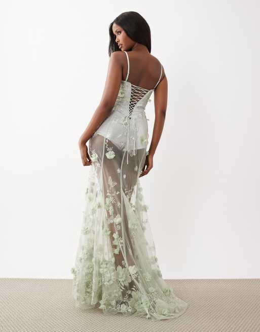 Oh Polly premium embellished tulle skirted strapless corset maxi dress in  sage green | ASOS