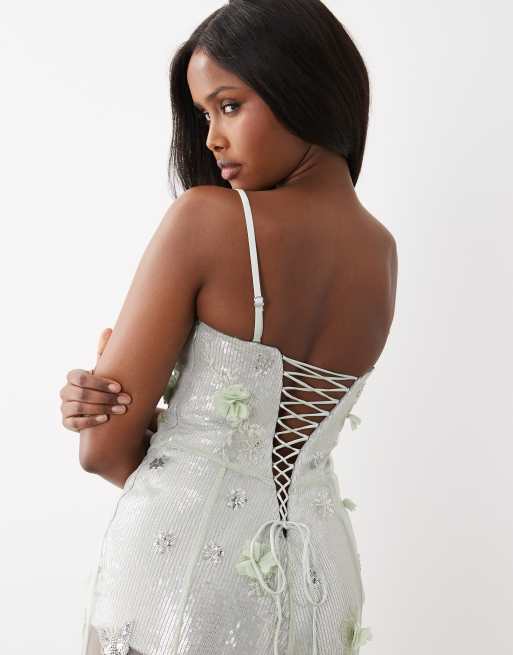 Oh Polly premium embellished tulle skirted strapless corset maxi dress in sage  green | ASOS