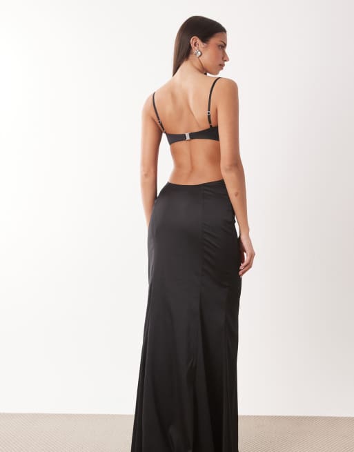 Oh Polly premium satin embellished bralette detail thigh split maxi dress  in black | ASOS
