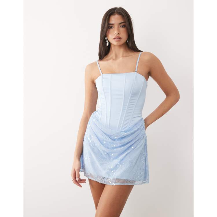 soho embellished asymmetric corset mini dress in light blue Embellished Asymmetric Corset Mini Dress in Light Blue