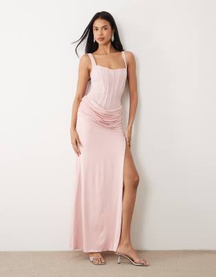Oh Polly Premium Square Neck Drape Waist Detail Maxi Dress In Pink