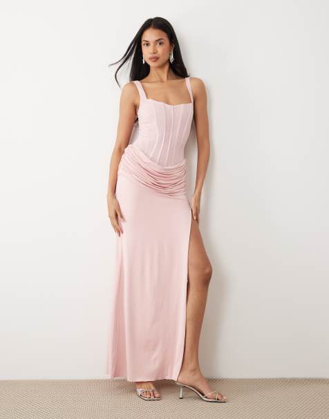 Oh Polly premium square neck drape waist detail maxi dress in blush pink - view 1