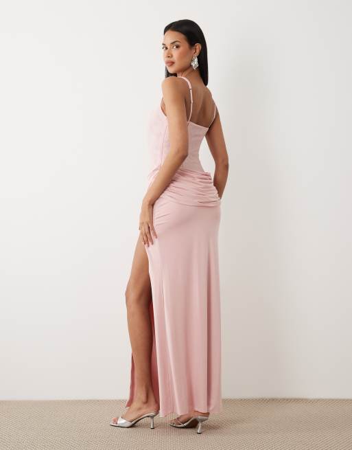 Oh Polly premium square neck drape waist detail maxi dress in blush pink |  ASOS