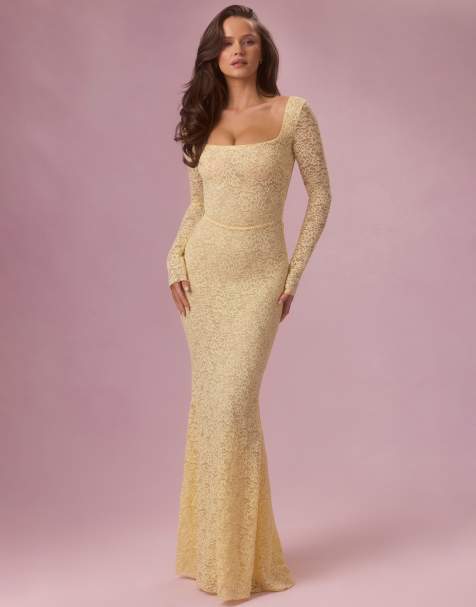 Oh Polly premium stretch lace square neck open tie back maxi dress in butter yellow - view 1
