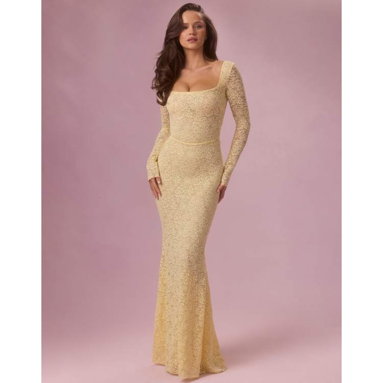 Oh Polly premium stretch lace square neck open tie back maxi dress in  butter yellow | ASOS