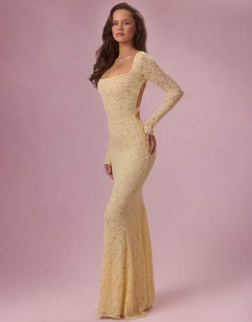 Oh Polly premium stretch lace square neck open tie back maxi dress in butter yellow, 3 of 4