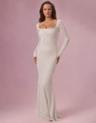 Oh Polly Premium Stretch Lace Square Neck Open Tie Back Maxi Dress In White