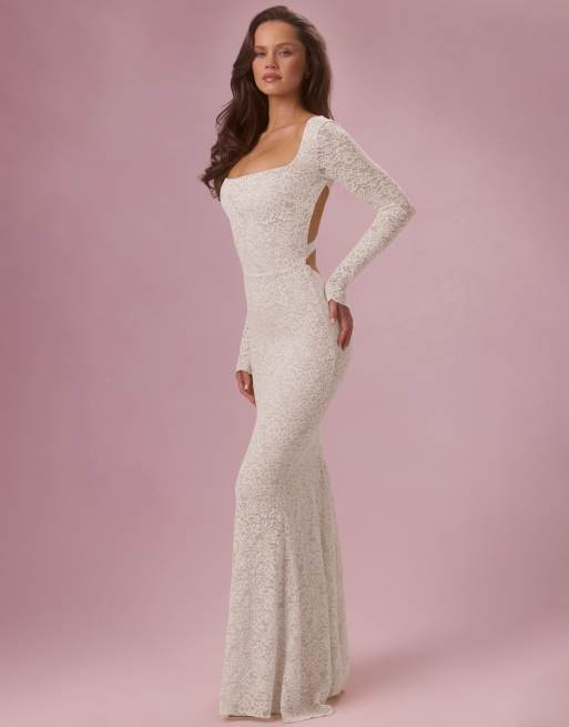 Oh Polly premium stretch lace square neck open tie back maxi dress in ivory, 3 of 4