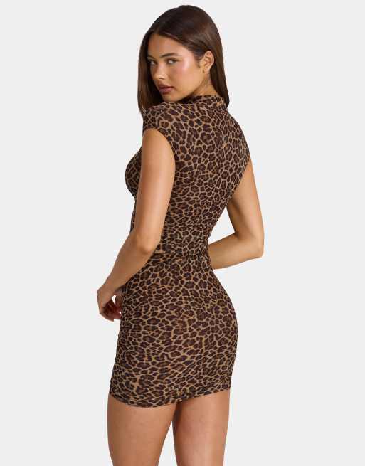 Oh Polly printed mesh mandarin collar cap sleeve bodycon mini dress in leopard, 4 of 4