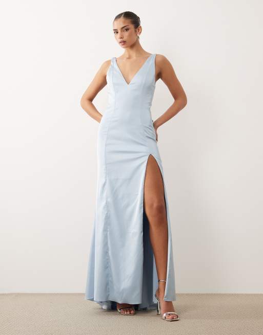 Oh Polly - Pudderblå maxikjole i satin med draperinger og åben ryg samt slids langs låret, 2 af 4