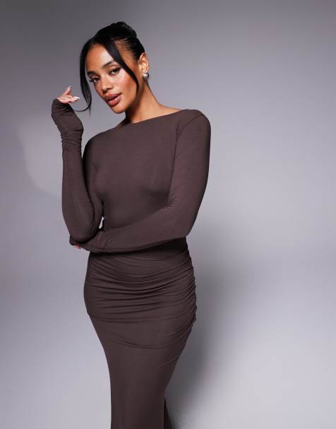 Oh Polly Regine backless maxi dress in chocolate brown - view 1