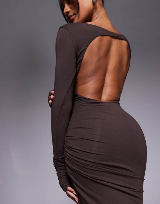 Oh Polly Regine backless maxi dress in chocolate brown ASOS